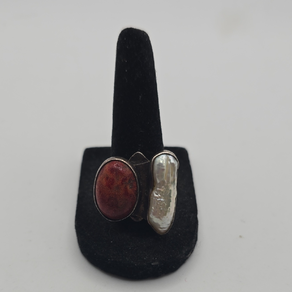 Sterling Silver Red Coral and Pearl Mens Ring